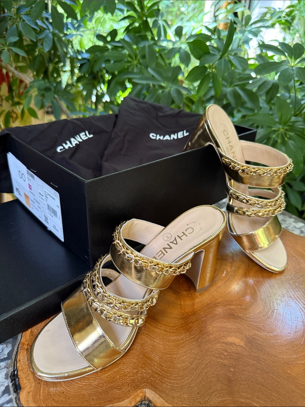 CHANEL Gold Chain-Trim High Block Heel Mules